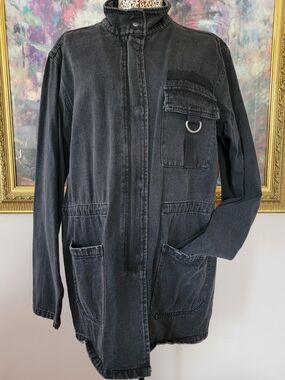 Black Acid Wash Denim Military Field Jacket